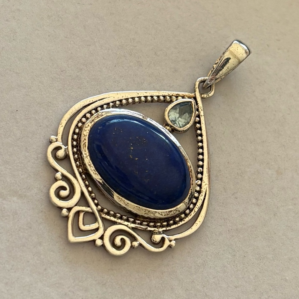 PTI 925 India Sterling Silver Large Blue Lapis Lazuli Statement Necklace Pendant